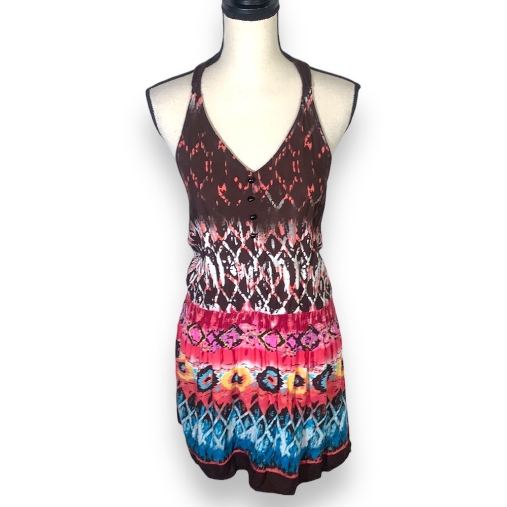 Bohemian Colorful V-Neck Mini Dress Crochet Lace Back Faux Buttons Boho Print